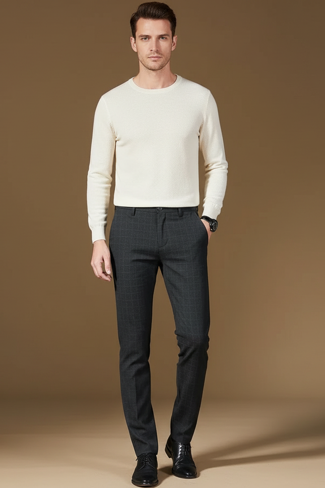Pantalon Chino Gris Carreaux Slim Élégant Homme Coton - Laine