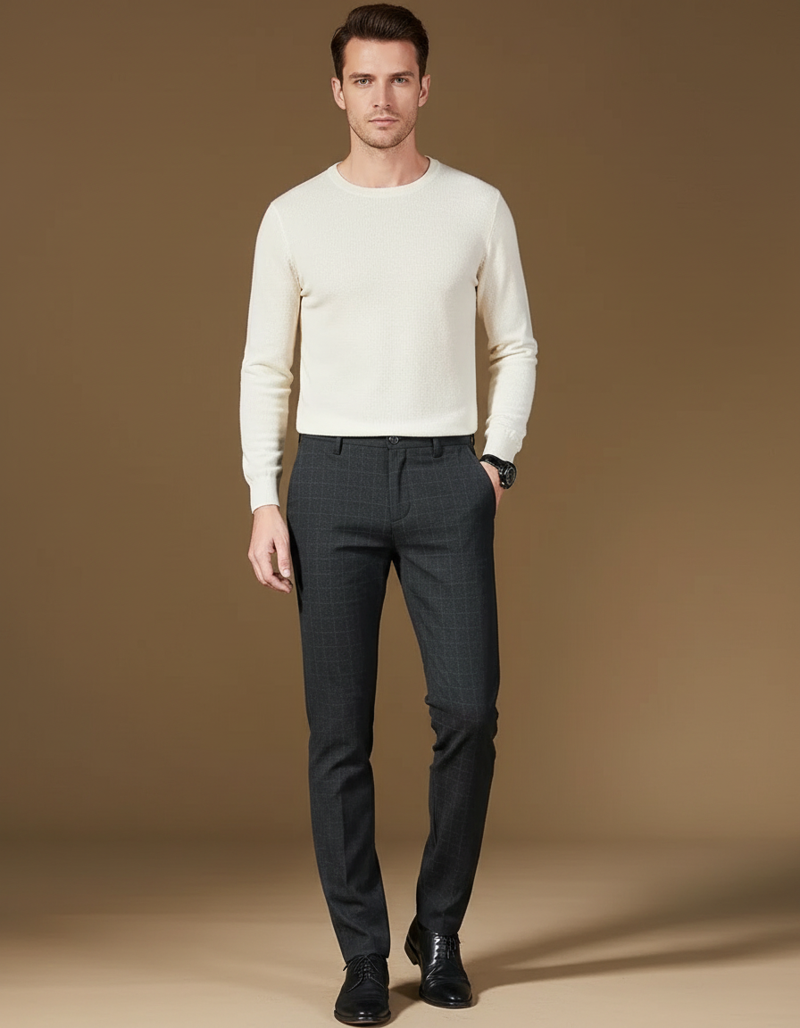 Pantalon Chino Gris Carreaux Slim Élégant Homme Coton - Laine