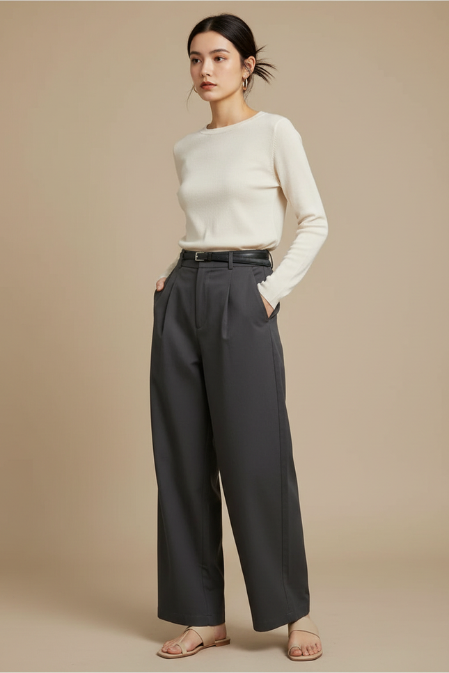 Pantalon Chino Gris Ample Plissé Élégant Femme - Gabardine