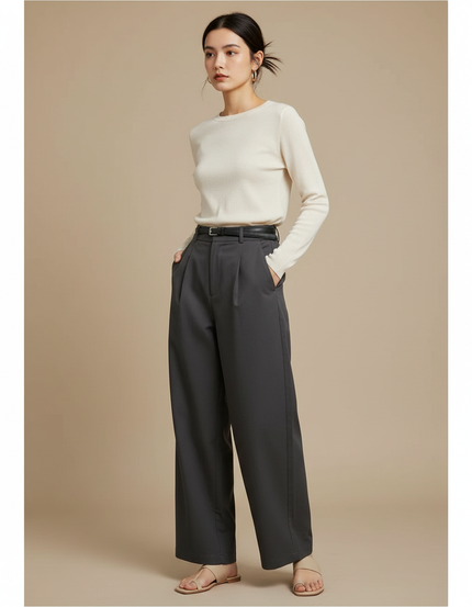 Pantalon Chino Gris Ample Plissé Élégant Femme - Gabardine