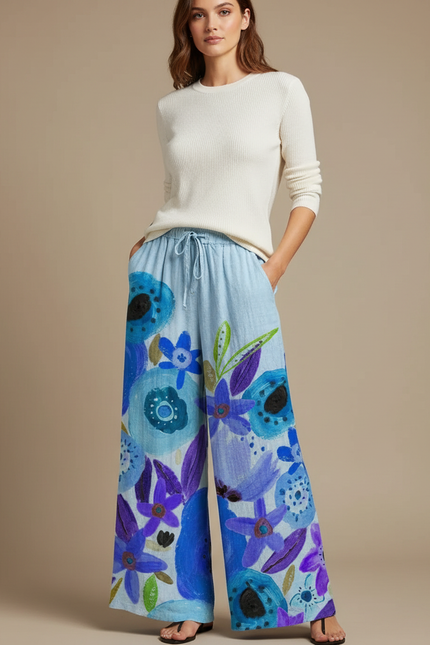 Pantalon Chino Large Imprimé Floral Bleu Bohème Femme - Lin