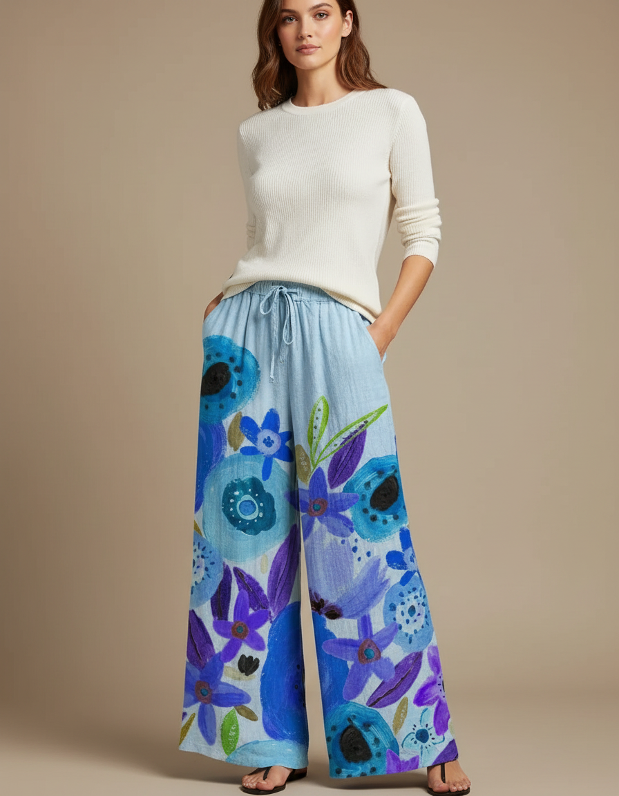 Pantalon Chino Large Imprimé Floral Bleu Bohème Femme - Lin