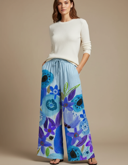 Pantalon Chino Large Imprimé Floral Bleu Bohème Femme - Lin
