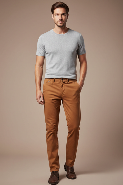 Pantalon Chino Marron Décontracté Coton Stretch Homme