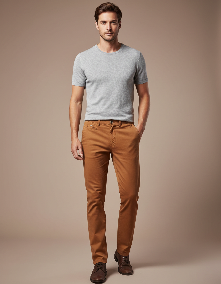 Pantalon Chino Marron Décontracté Coton Stretch Homme
