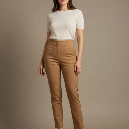 Pantalon Chino Camel Taille Haute Slim Élégant - Gabardine