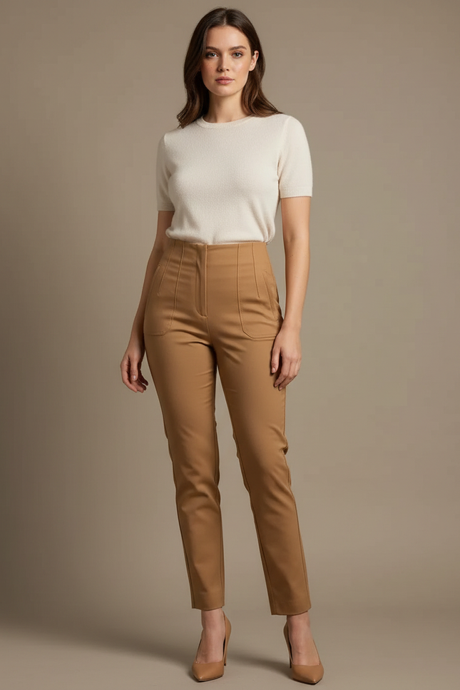 Pantalon Chino Camel Taille Haute Slim Élégant - Gabardine