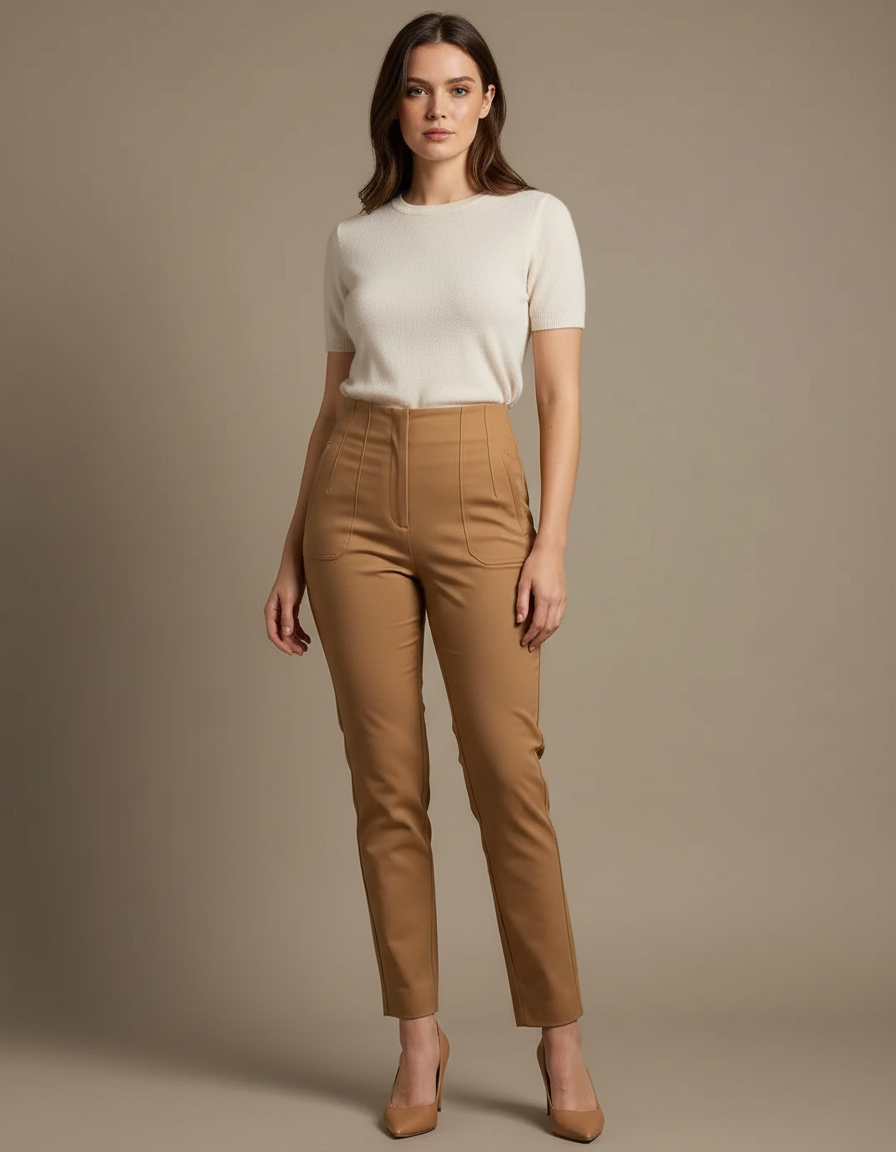 Pantalon Chino Camel Taille Haute Slim Élégant - Gabardine