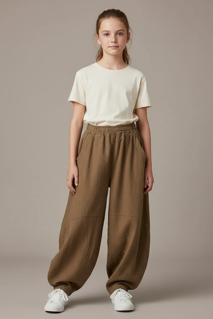 Pantalon Chino Marron Ample Lin Coton Enfant - Kaki