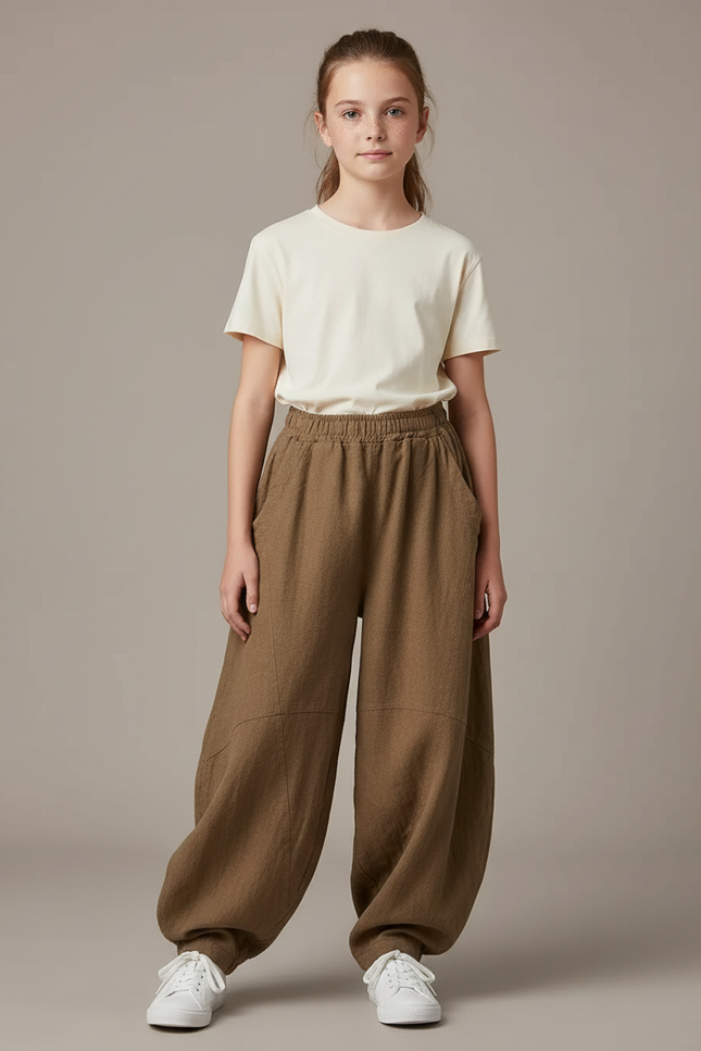 Pantalon Chino Marron Ample Lin Coton Enfant - Kaki
