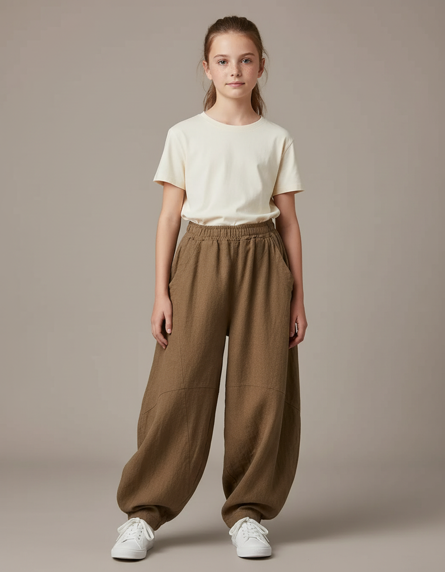 Pantalon Chino Marron Ample Lin Coton Enfant - Kaki