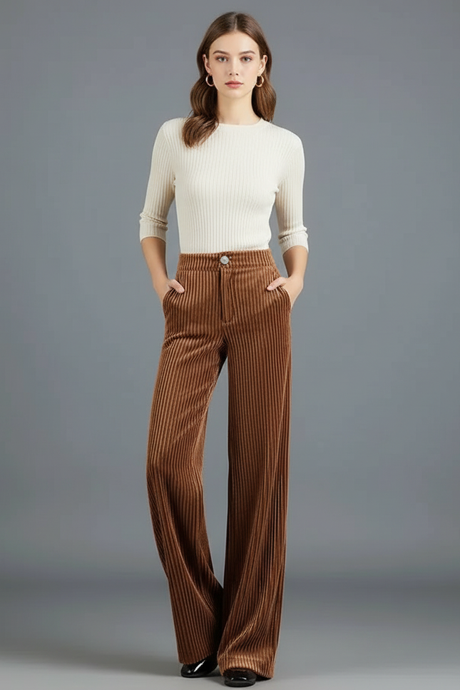 Pantalon Chino Large Côtelé Marron Taille Haute Femme - Cordé