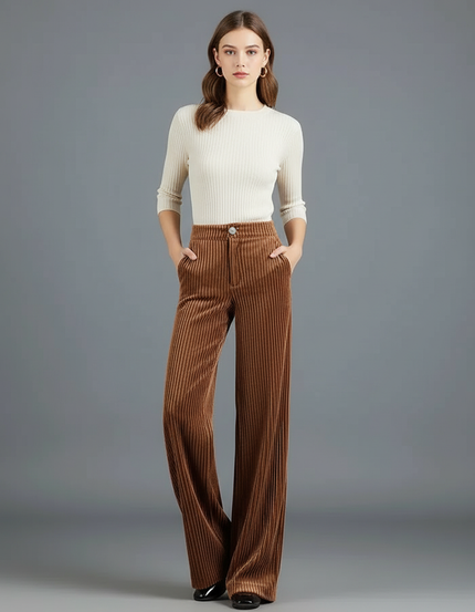 Pantalon Chino Large Côtelé Marron Taille Haute Femme - Cordé