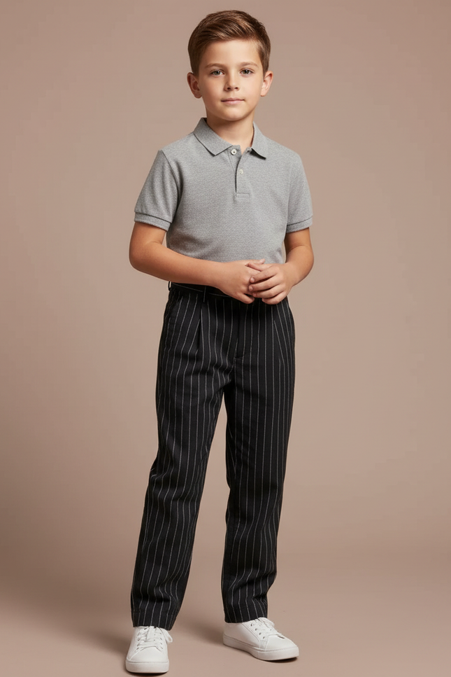 Pantalon Chino Noir Rayé Droit Décontracté Enfant - Gabardine