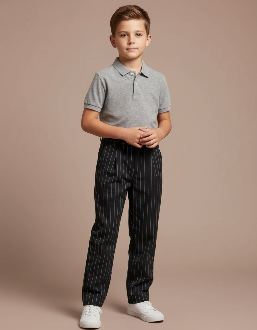 Pantalon Chino Noir Rayé Droit Décontracté Enfant - Gabardine