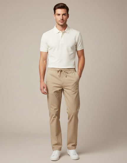 Pantalon Chino Homme Beige Coton Décontracté Ample
