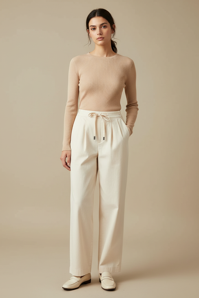 Pantalon Chino Large Femme - Blanc Coton