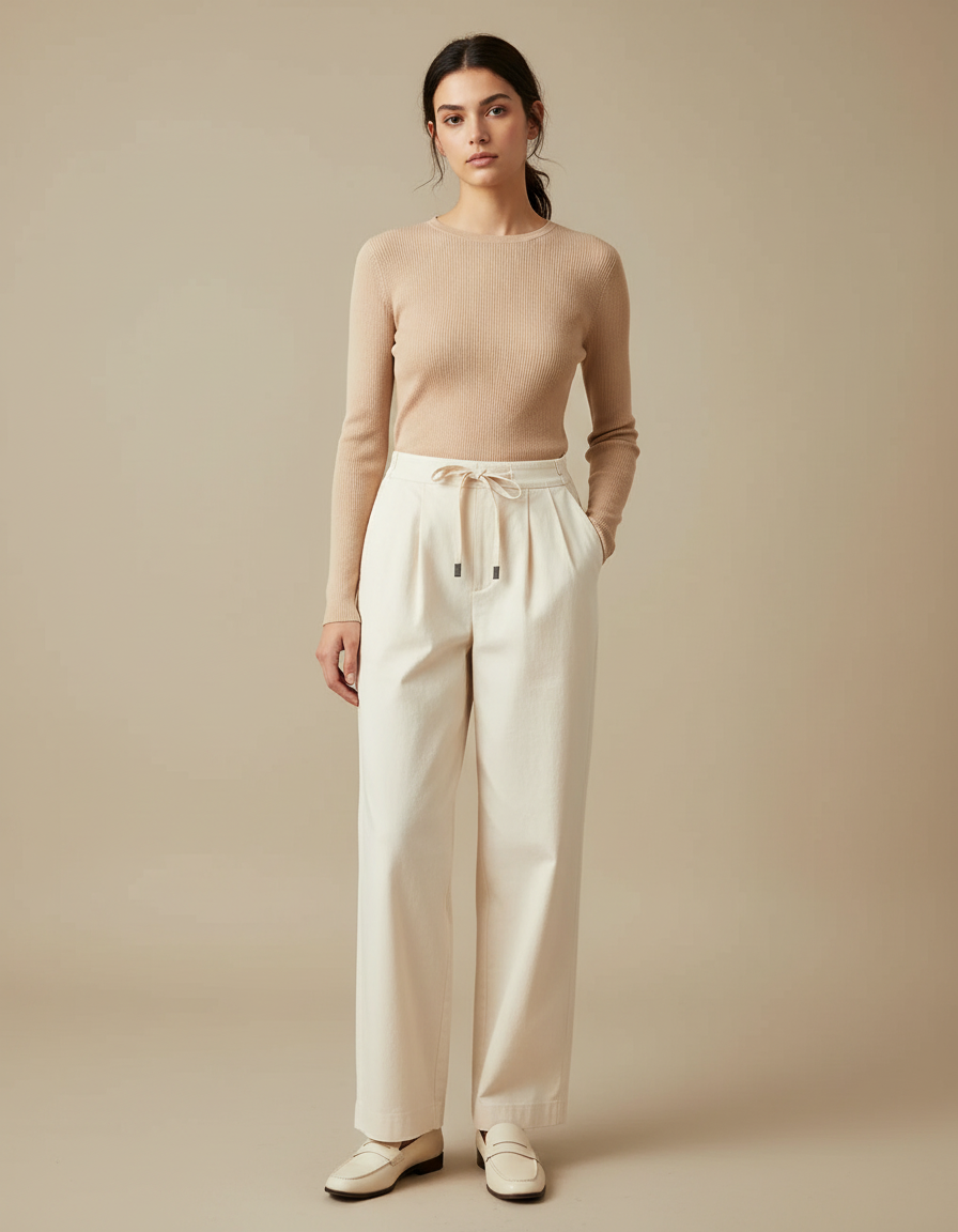 Pantalon Chino Large Femme - Blanc Coton