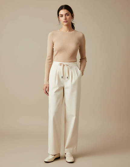 Pantalon Chino Large Femme - Blanc Coton