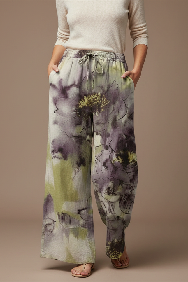 Pantalon Chino Ample Floral Vert Violet Décontracté - Multicolore Lin
