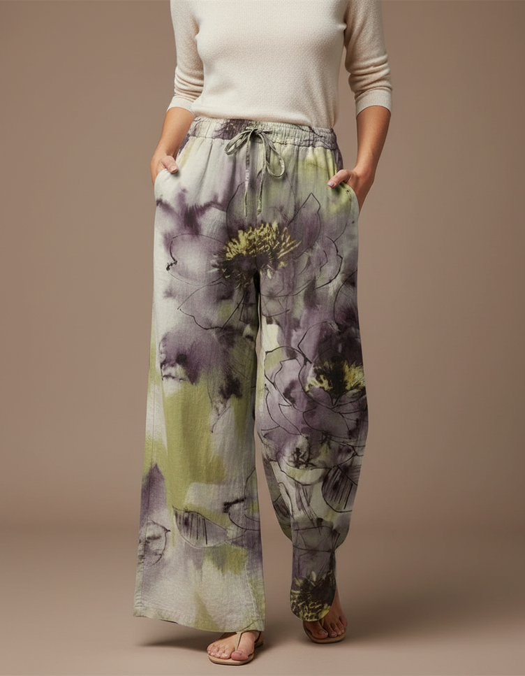 Pantalon Chino Ample Floral Vert Violet Décontracté - Multicolore Lin