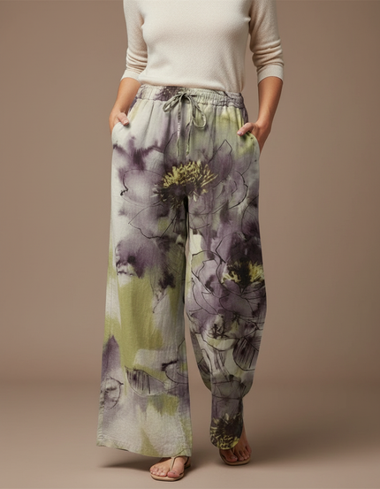 Pantalon Chino Ample Floral Vert Violet Décontracté - Multicolore Lin
