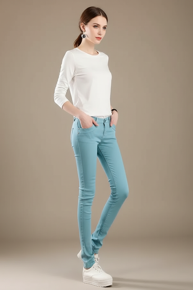 Pantalon Chino Femme Bleu Ciel Skinny Stretch Confortable - Coton