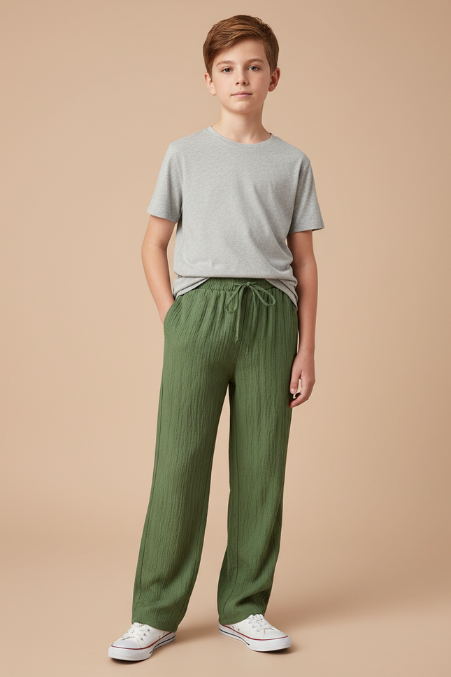 Pantalon Chino Vert Ample Plissé Enfant Décontracté - Coton