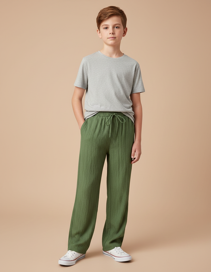 Pantalon Chino Vert Ample Plissé Enfant Décontracté - Coton