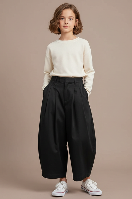 Pantalon Chino Noir Ample Plissé Coton Enfant