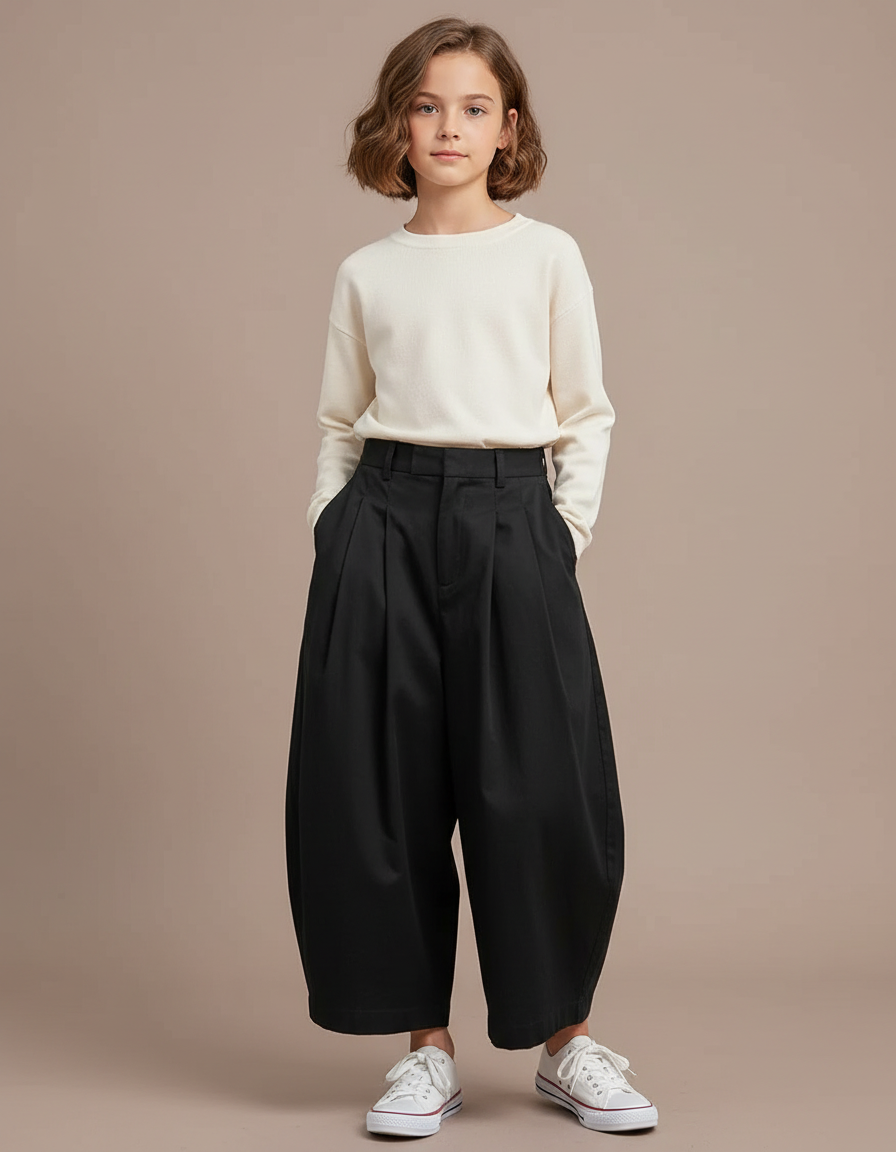 Pantalon Chino Noir Ample Plissé Coton Enfant