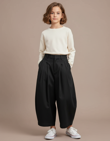 Pantalon Chino Noir Ample Plissé Coton Enfant