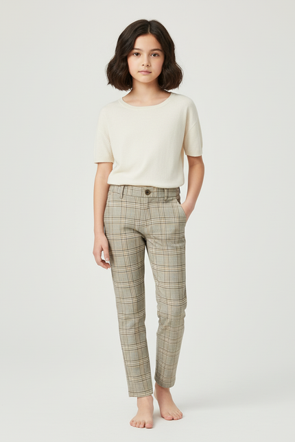 Pantalon Chino Carreaux Beige Droit Classique Enfant - Tweed