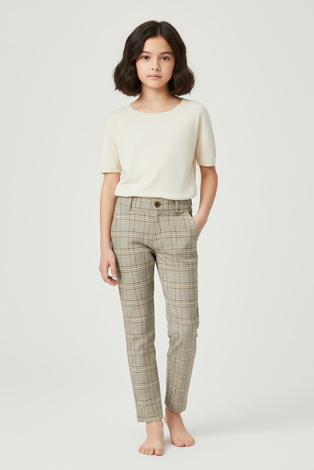 Pantalon Chino Carreaux Beige Droit Classique Enfant - Tweed