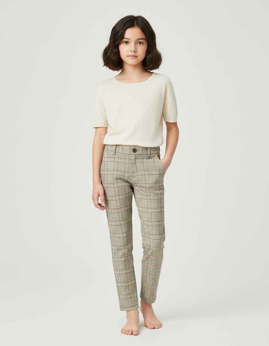 Pantalon Chino Carreaux Beige Droit Classique Enfant - Tweed