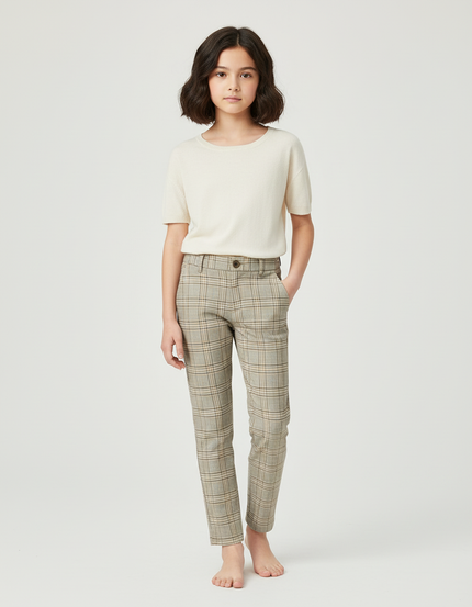 Pantalon Chino Carreaux Beige Droit Classique Enfant - Tweed