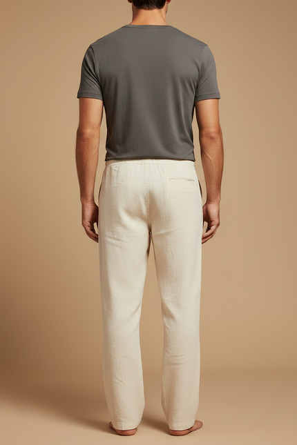 Pantalon Chino Écru Lin Cordon Ample Homme - Beige - vue 2