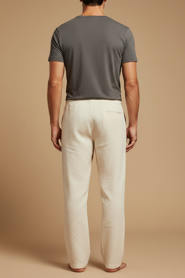 Pantalon Chino Écru Lin Cordon Ample Homme - Beige - vue 2