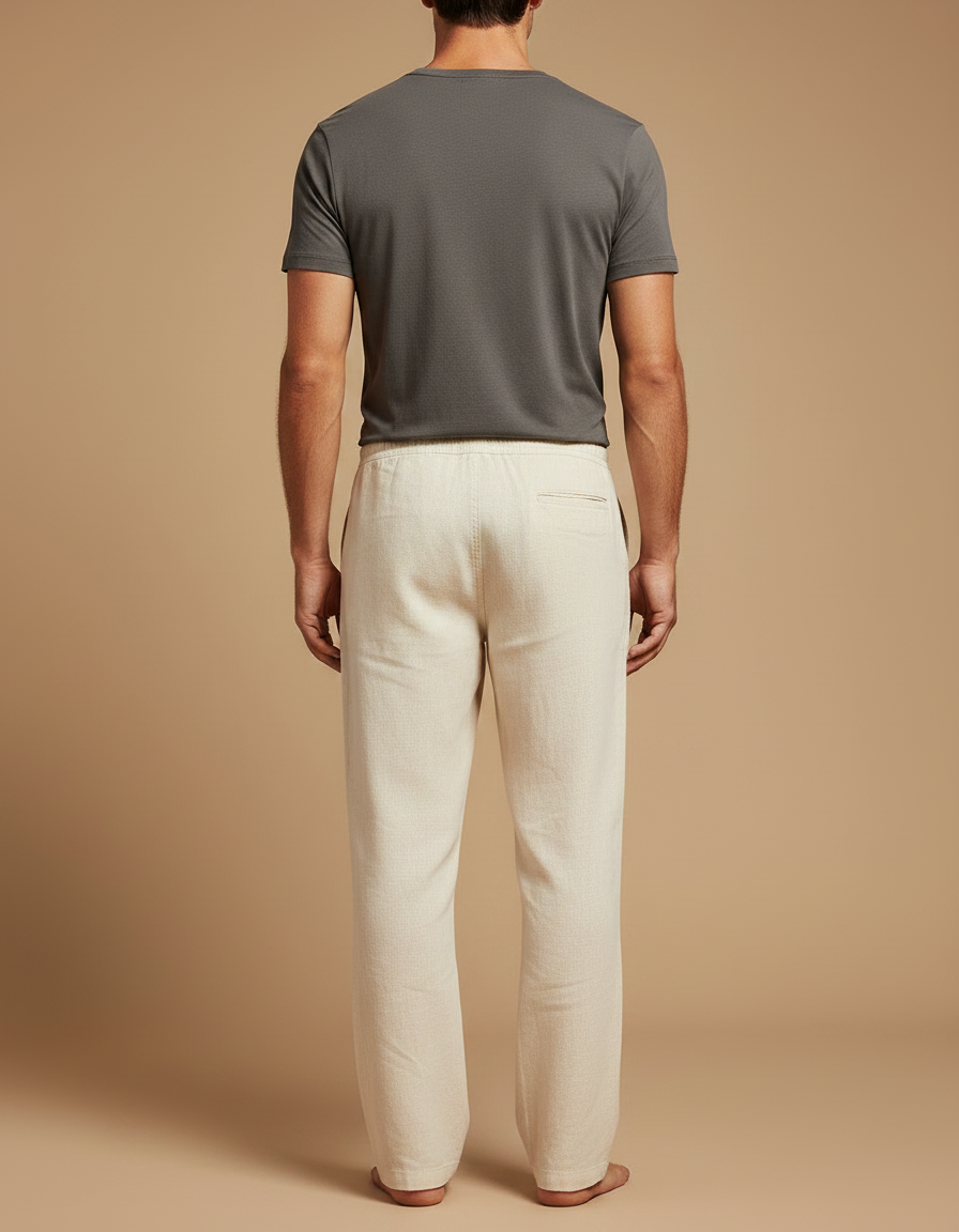 Pantalon Chino Écru Lin Cordon Ample Homme - Beige - vue 2