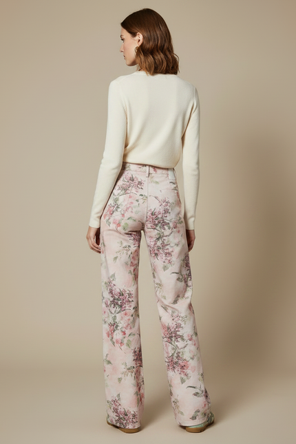 Pantalon Chino Fleuri Rose Taille Haute Ample - Coton - vue 2