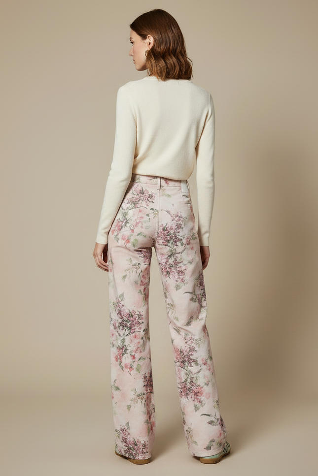 Pantalon Chino Fleuri Rose Taille Haute Ample - Coton - vue 2