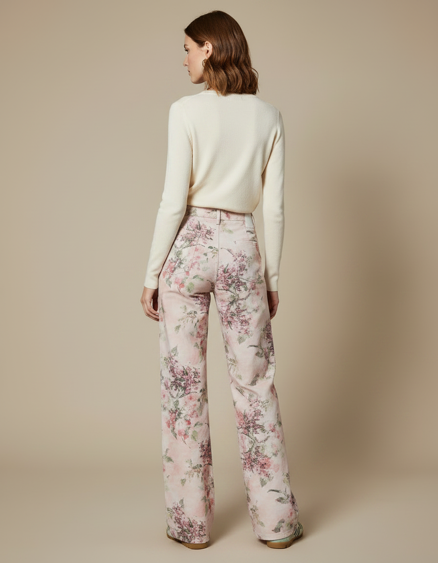 Pantalon Chino Fleuri Rose Taille Haute Ample - Coton - vue 2
