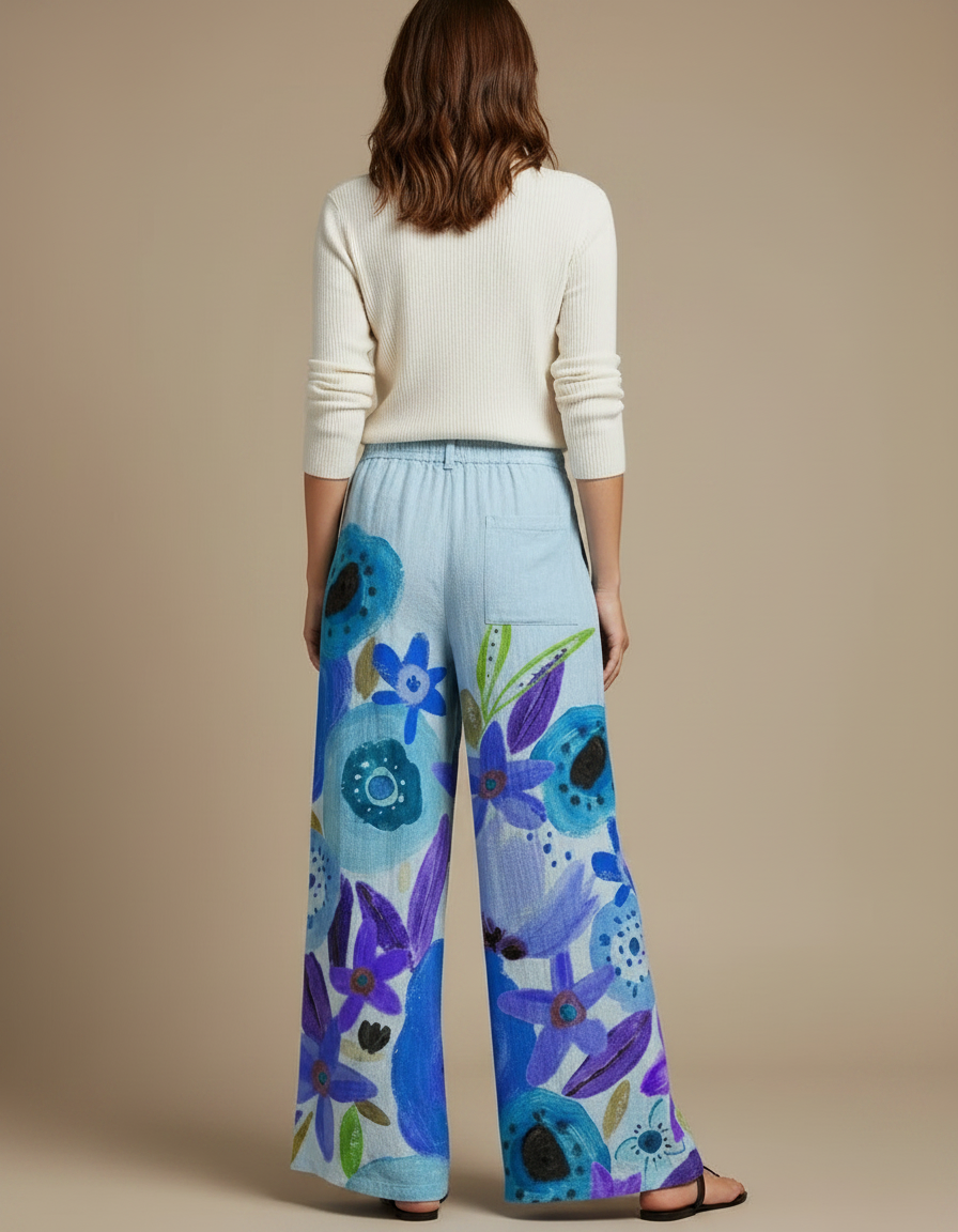 Pantalon Chino Large Imprimé Floral Bleu Bohème Femme - Lin - vue 2