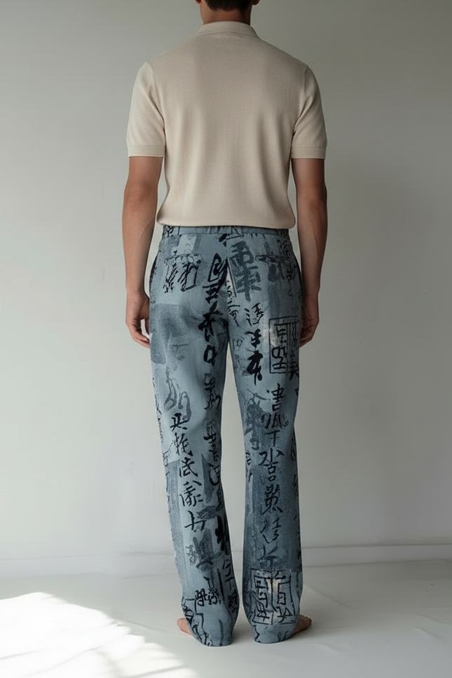 Pantalon Chino Bleu Imprimé Calligraphie Ample Décontracté Homme - Jean - vue 2