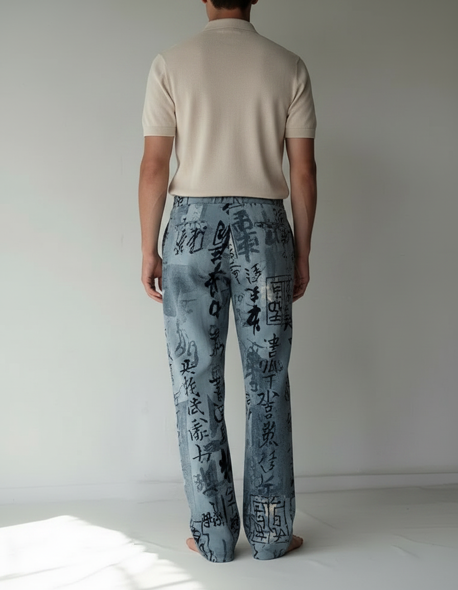 Pantalon Chino Bleu Imprimé Calligraphie Ample Décontracté Homme - Jean - vue 2