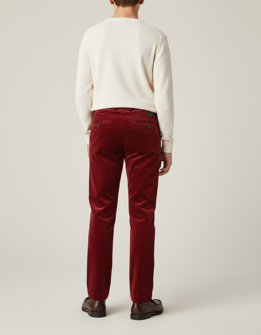 Pantalon Chino Velours Rouge Droit Enfant - Bordeaux Cordé - vue 2