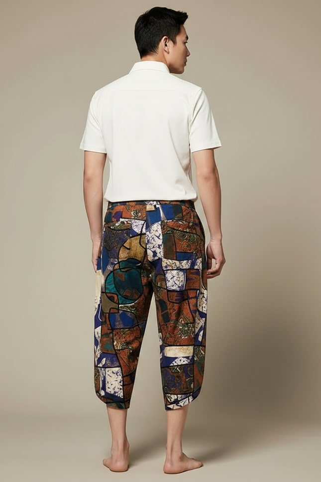 Pantalon Chino Imprimé Ethnique Ample Lin Coton Homme - Multicolore - vue 2