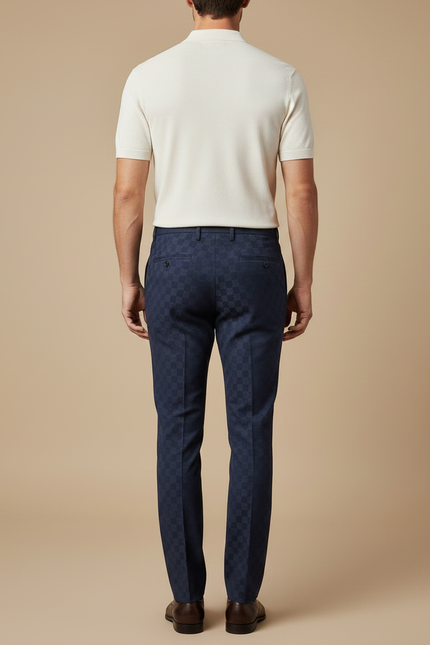 Pantalon Chino Bleu Marine Carreaux Discrets Slim Élégant - Gabardine - vue 2