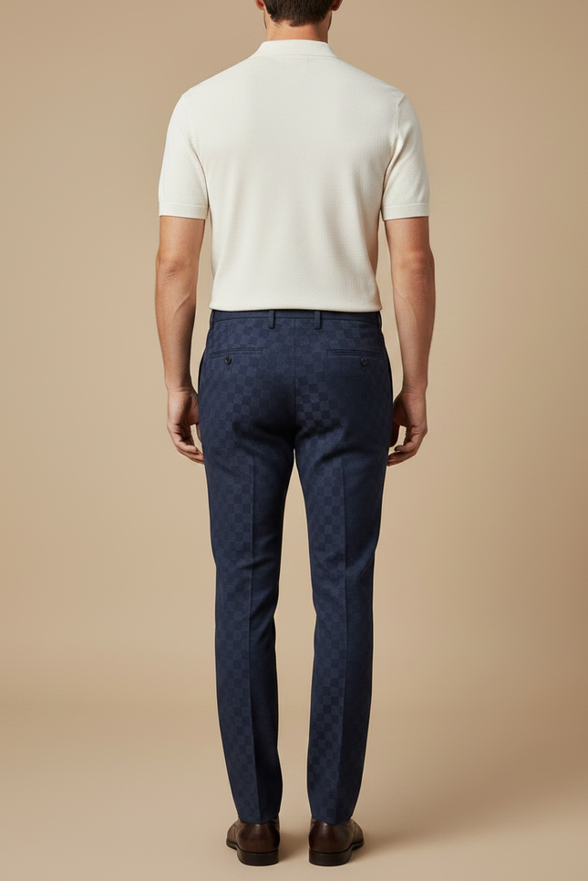 Pantalon Chino Bleu Marine Carreaux Discrets Slim Élégant - Gabardine - vue 2