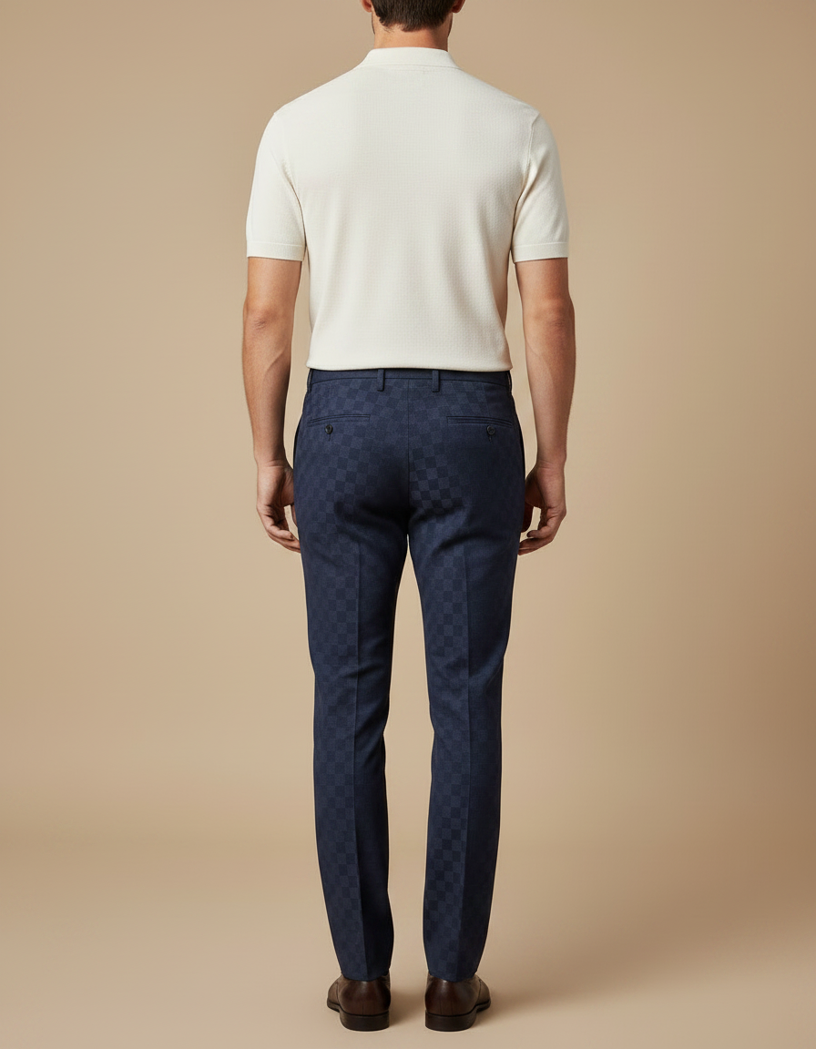 Pantalon Chino Bleu Marine Carreaux Discrets Slim Élégant - Gabardine - vue 2